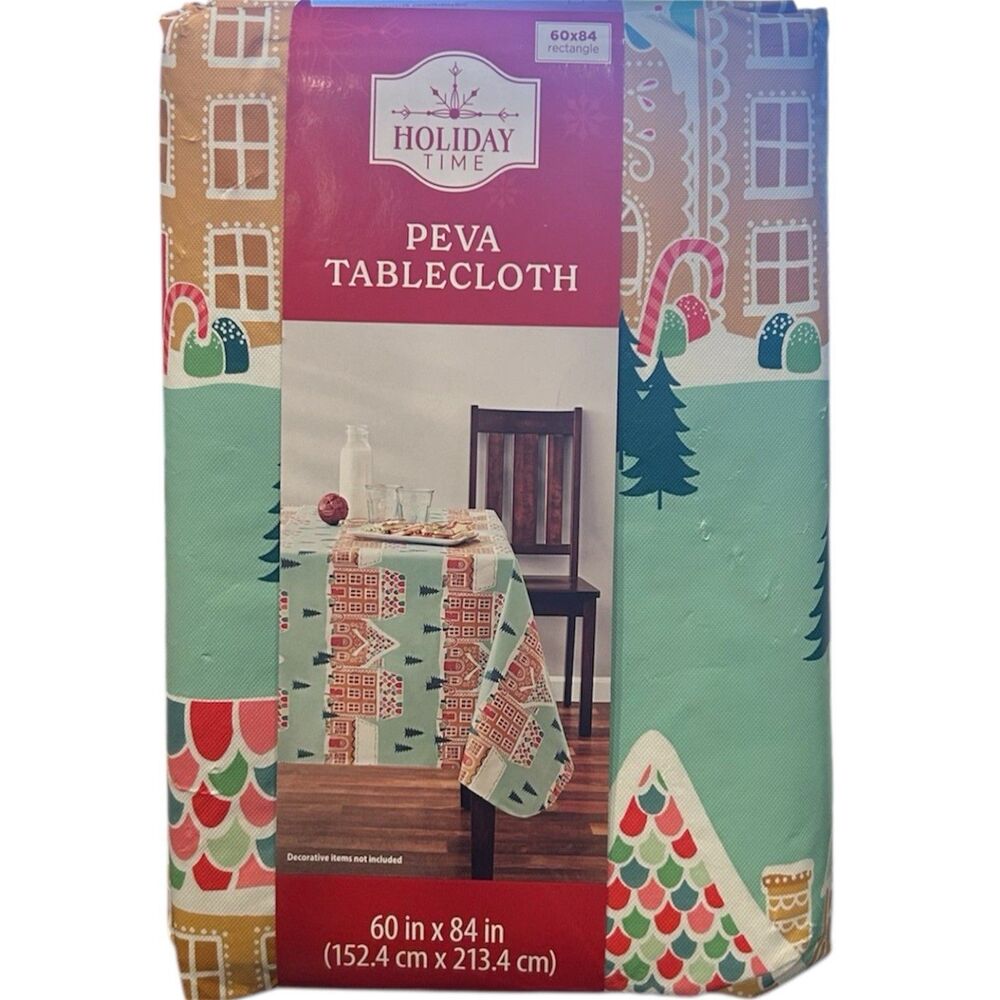 Holiday Time Christmas PEVA Tablecloth Gingerbread House Rectangle 60X84